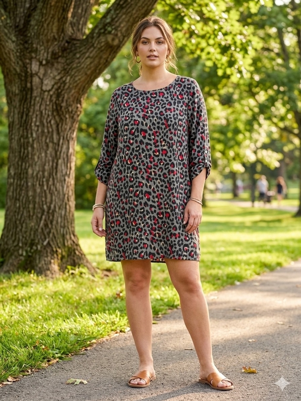 Umgee Large Gray Leopard Print Tunic with Red Accents